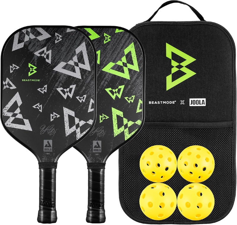 JOOLA Beastmode by Marshawn Lynch or Essentials Pickleball Paddle Set of Two with Reinforced Fiberglass Surface and Honeycomb Polypropylene Core – Includes 2 Rackets, 4 Balls, and Storage Carry Bag - Image 1